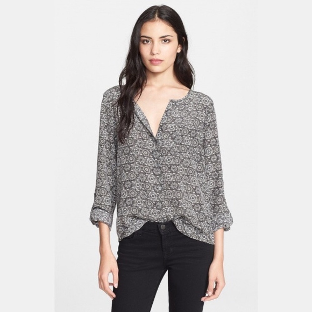 Joie Gray Printed Silk Long Sleeve Blouse M